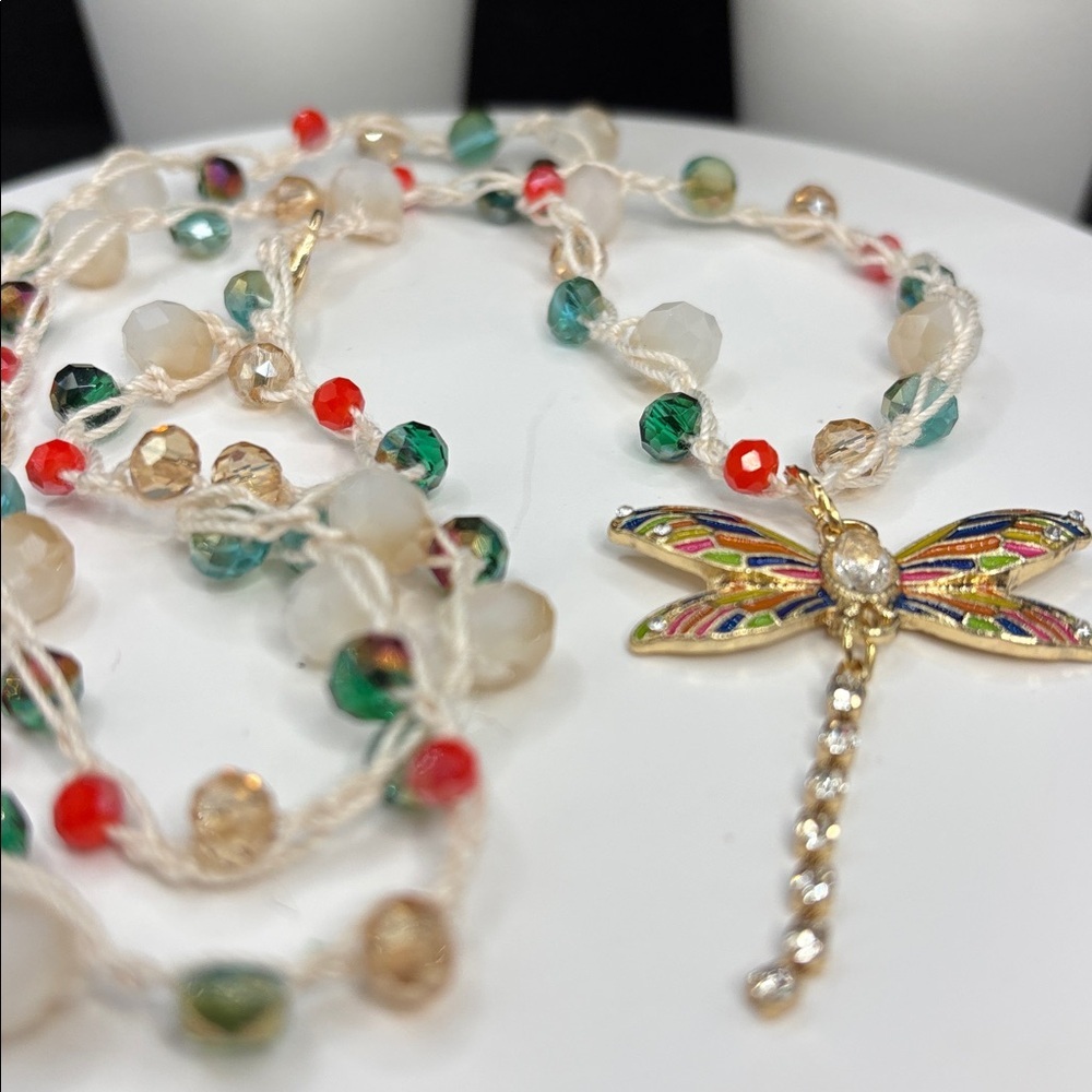 Dragonfly Beaded Crochet Necklace | Colorful Glass Beads | Adjustable 17” - Picture 8 of 9